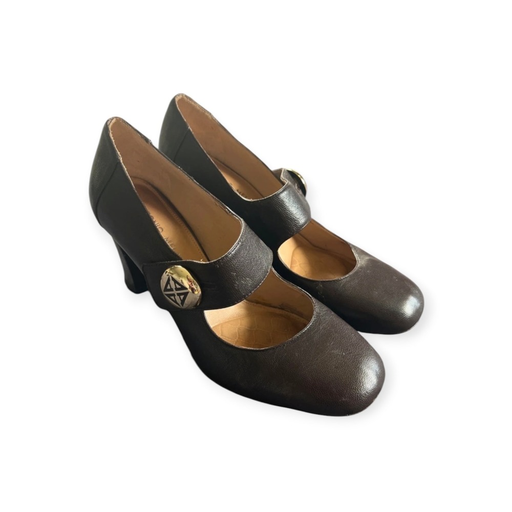Antonio Melani Vintage Brown Leather Mary Jane Heels Gold Buckle 90s Y2K Pumps